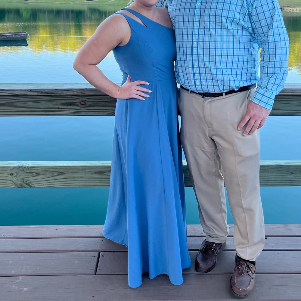 David’s Bridal  chiffon one-shoulder cutout dress